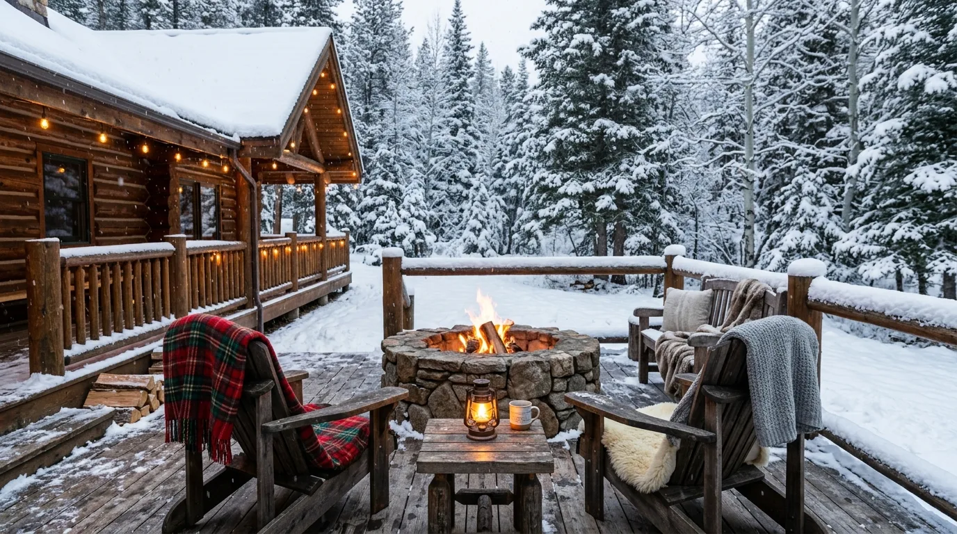 Bring in lanterns or string lights for winter evening glow inspiration for an outdoor winter patio.